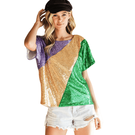 Mardi Gras Sequin Color Blocking Top - Mardi Gras Apparel - Adult, Bibi, Bibi Top Chart - Sequin Tops