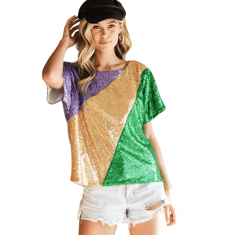 Mardi Gras Sequin Color Blocking Top - Mardi Gras Apparel - Adult, Bibi, Bibi Top Chart - Sequin Tops