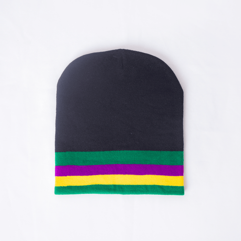 Mardi Gras Striped Knit Beanie – Black with Green, Purple & Gold Trim - Mardi Gras Apparel - Accessories, Adult, beanie - Beanie