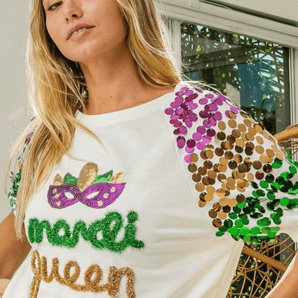 Mardi Queen Sequin Mask Patch Spangled Sleeve White Top - Mardi Gras Apparel - Adult, Bibi, Bibi Top Chart - Sequin Tops