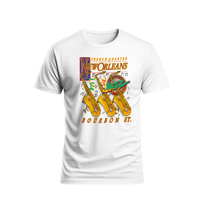 New Orleans French Quarter Bourbon Street Jazz Saxophones Graphic T-Shirt Unisex - Mardi Gras Apparel - new orleans tshirt, Short Sleeve, - Tee - Shirt