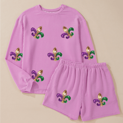 Phalaenopsis Mardi Gras Fleur de Lis Patched Corded Long Sleeve Top and Shorts Set - Mardi Gras Apparel - Adult, Ladies, Long Sleeve - Outfit Sets
