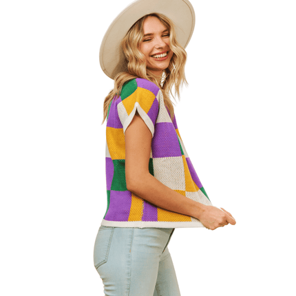 Plus Mardi Gras Colorful Checker Sleeveless Knitted Top - Mardi Gras Apparel - Adult, Ladies, Sequin - Tops