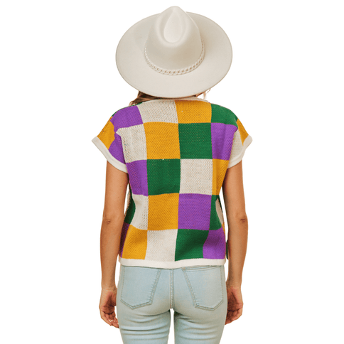 Plus Mardi Gras Colorful Checker Sleeveless Knitted Top - Mardi Gras Apparel - Adult, Ladies, Sequin - Tops