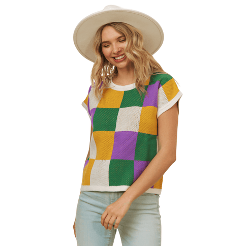 Plus Mardi Gras Colorful Checker Sleeveless Knitted Top - Mardi Gras Apparel - Adult, Ladies, Sequin - Tops