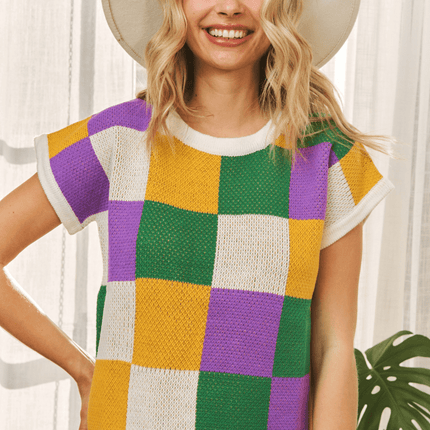 Plus Mardi Gras Colorful Checker Sleeveless Knitted Top - Mardi Gras Apparel - Adult, Ladies, Sequin - Tops