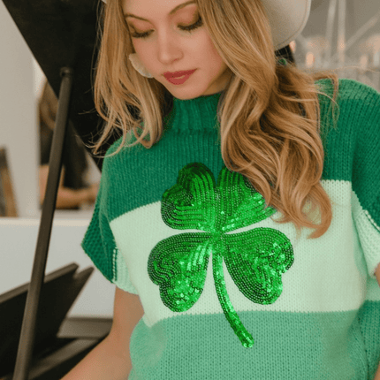 Sequin Clover Embroidery Sleeveless Color Block Sweater - Mardi Gras Apparel - St. Patrick’s Day, , - Tops