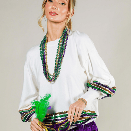 Sequin Trim Detail Mardi Gras Sweater White Top - Mardi Gras Apparel - Adult, Black, Crew Neck - Sweatshirt