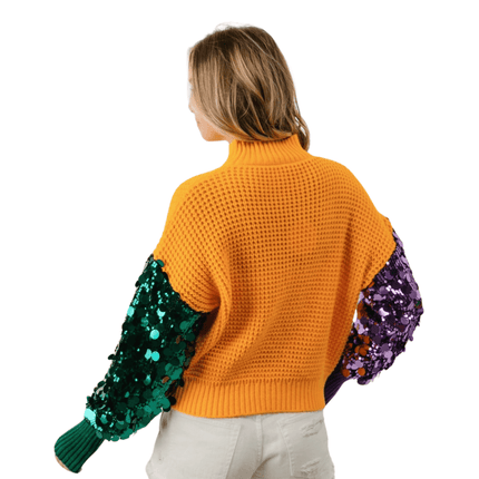 Spangled Sleeve Mardi Gras Color Block Sweater - Mardi Gras Apparel - Adult, Gold, Green - Sequin