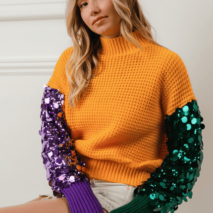 Spangled Sleeve Mardi Gras Color Block Sweater - Mardi Gras Apparel - Adult, Gold, Green - Sequin