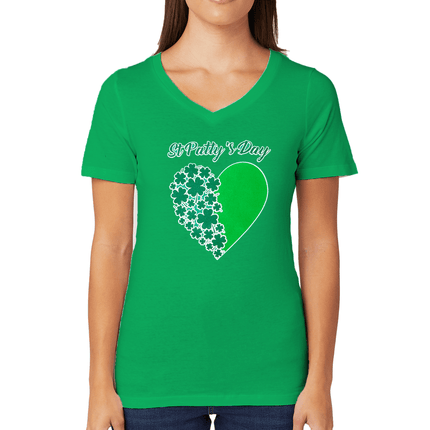 St. Patty’s Day Heart Ladies V - Neck Tee - Mardi Gras Apparel - St. Patrick’s Day, , - Rhinestone Tee - Shirt