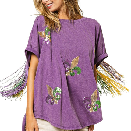 Vintage Washed Purple Fleur Mardi Gras Top - Mardi Gras Apparel - Adult, Front Design, Ladies - 