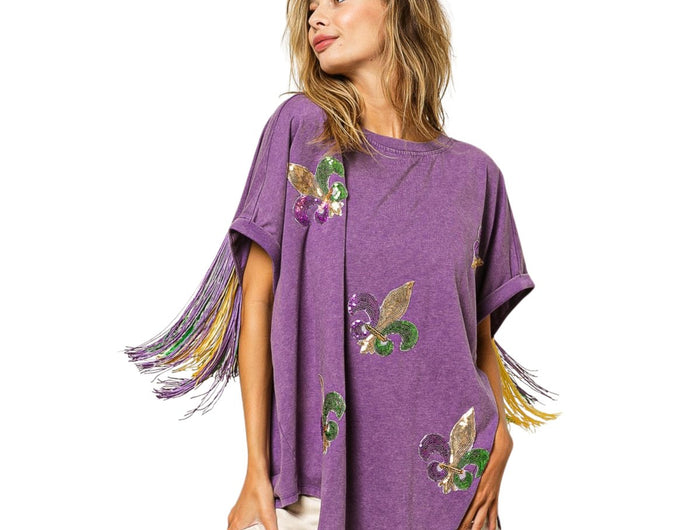 Vintage Washed Purple Fleur Mardi Gras Top - Mardi Gras Apparel - Adult, Front Design, Ladies - 