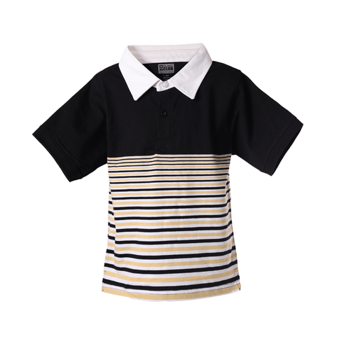 Youth Black & Gold Striped Panel Polo Shirt - Mardi Gras Apparel - Black & Gold, Unisex, Youth - Rugby Polo