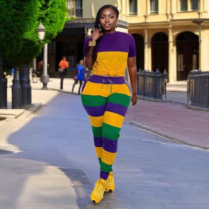 Adult Ladies Festive Spirit Mardi Gras Jogger Set #1 - Mardi Gras Apparel - Adult, Gold, Green - 