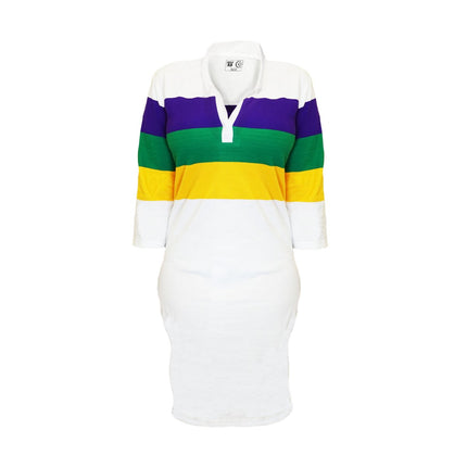 Adult Mardi Gras Ladies Dress White Body with PGG Striped Chest & Arms - Mardi Gras Apparel - Adult, Collared, Dress - Dress