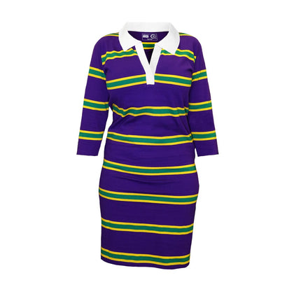 Adult Mardi Gras Ladies Purple Dress with Gold & Green Stripes - Mardi Gras Apparel - 3/4 Sleeve, Adult, Collared - Dress
