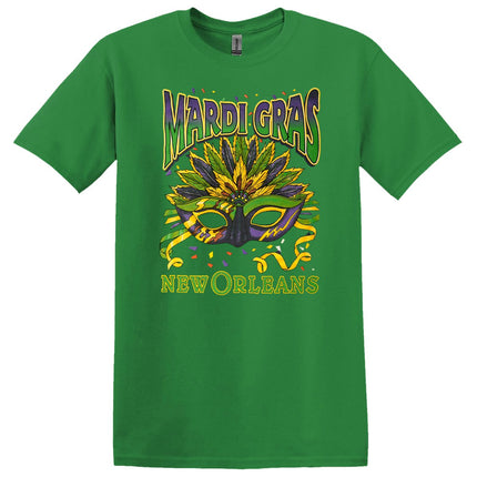 Adult Mardi Gras Mask New Orleans Green Tee - Shirt - Mardi Gras Apparel - Adult, Crew Neck, Front Design - Tee - Shirt