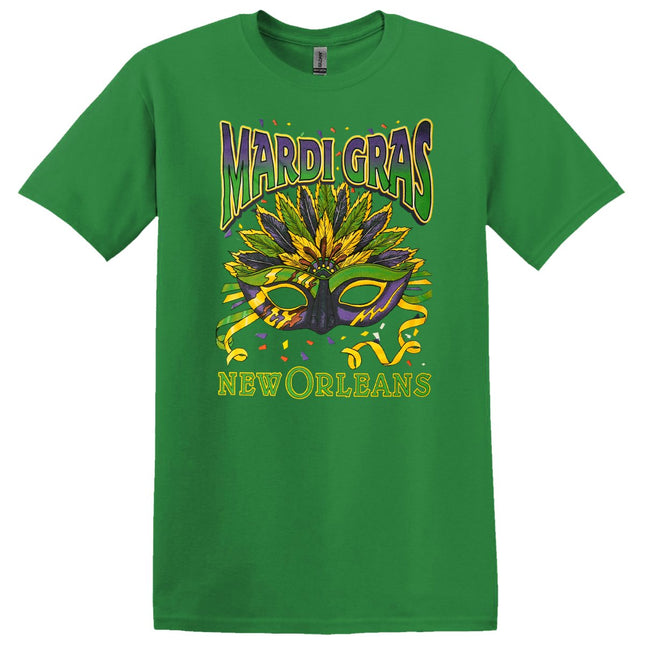 Adult Mardi Gras Mask New Orleans Green Tee - Shirt - Mardi Gras Apparel - Adult, Crew Neck, Front Design - Tee - Shirt