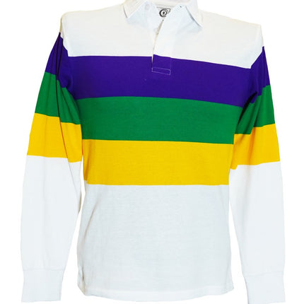 Adult Mardi Gras Unisex 3 Panel Long Sleeve Rugby Polo White - Mardi Gras Apparel - Adult Unisex, Button Up, Collared - Long Sleeve Rugby Polo