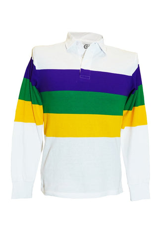 Adult Mardi Gras Unisex 3 Panel Long Sleeve Rugby Polo White - Mardi Gras Apparel - Adult Unisex, Button Up, Collared - Long Sleeve Rugby Polo