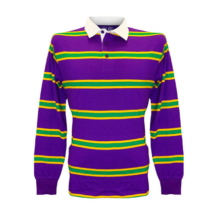 Adult Unisex Mardi Gras PPL 3 Panel Long Sleeve Rugby Polo - Mardi Gras Apparel - Adult Unisex, Green, Long Sleeve - Long Sleeve Rugy Polo