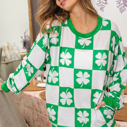 Clover Checker Print Double Pocket Sweatshirt - Mardi Gras Apparel - Adult, Green, Ladies - 