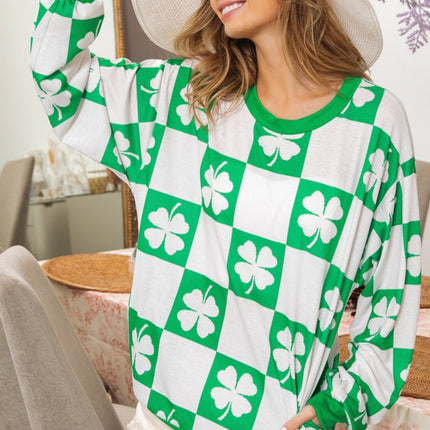Clover Checker Print Double Pocket Sweatshirt - Mardi Gras Apparel - Adult, Green, Ladies - 