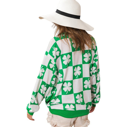 Clover Checker Print Double Pocket Sweatshirt - Mardi Gras Apparel - Adult, Green, Ladies - 