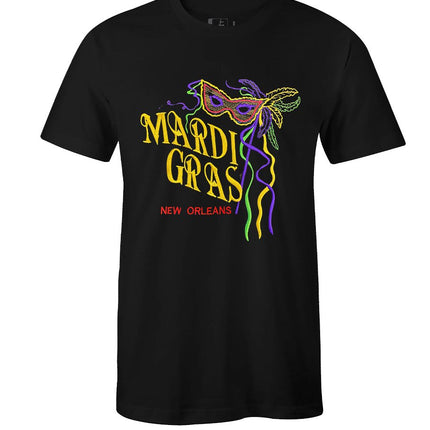 Embroidered Mardi Gras New Orleans Hand Mask Black T-Shirt - Mardi Gras Apparel - Adult Unisex, Black, Embroidered Shirts - 