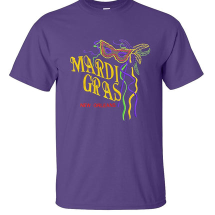 Embroidered Mardi Gras New Orleans Hand Mask Purple T-Shirt - Mardi Gras Apparel - Adult, Adult Unisex, Embroidered Shirts - 
