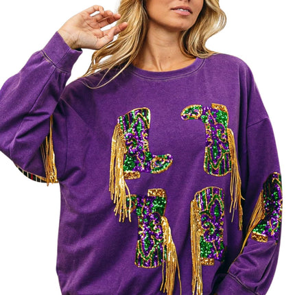 Fringed Mardi Gras Boots Sequin Pullover - Mardi Gras Apparel - Adult, Front Design, Gold - 