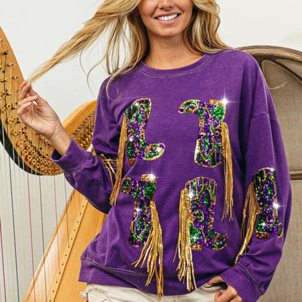 Fringed Mardi Gras Boots Sequin Pullover - Mardi Gras Apparel - Adult, Front Design, Gold - 