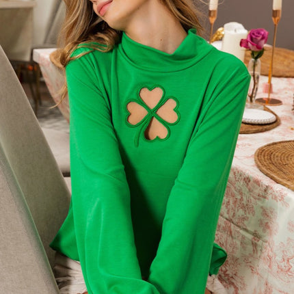 Ft Front Clover Cut Out Mock Neck Puff Sleeves Top - Mardi Gras Apparel - Adult, Green, Ladies - 