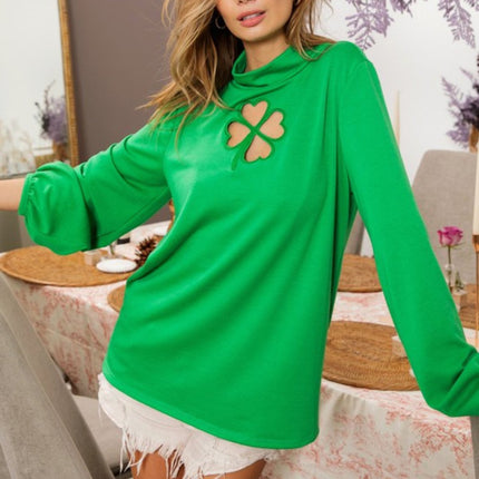 Ft Front Clover Cut Out Mock Neck Puff Sleeves Top - Mardi Gras Apparel - Adult, Green, Ladies - 