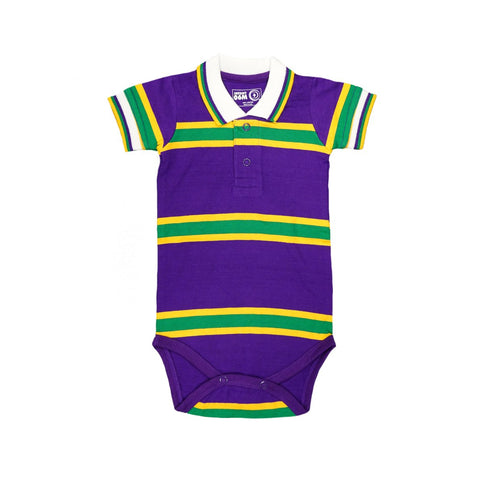 Infants Unisex Purple, Yellow, & Green Striped Mardi Gras Onesie Polo - Mardi Gras Apparel - Collared, Gold, Green - Onesie Polo