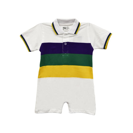 Kids 3 Panel Mardi Gras Rugby Polo White Striped ROMPER Polo - Mardi Gras Apparel - Collared, Gold, Green - Onesie Polo