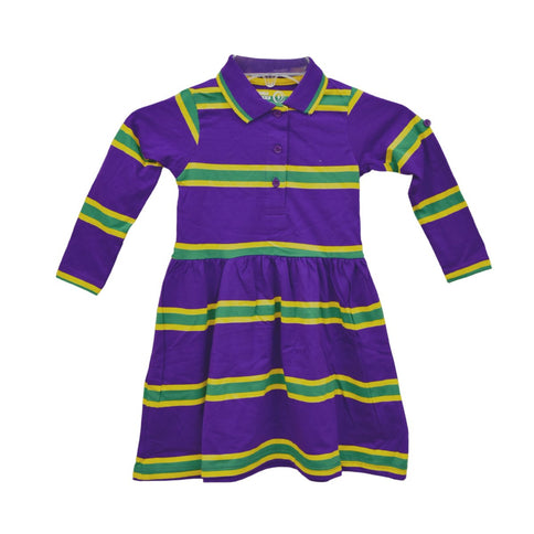 Kids Mardi Gras Girls Purple Dress with Yellow & Green Stripes - Mardi Gras Apparel - Children, Collared, Dress - Dress