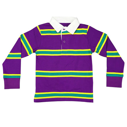 Kids Unisex Mardi Gras Purple Body with stripes 3 Panel Long Sleeve Rugby Polo - Mardi Gras Apparel - Children's Unisex, Green, Long Sleeve - Long Sleeve Rugy Polo