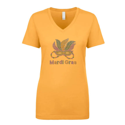 Ladies Gold Fleur De Les and Mask Rhinestone V - Neck Tee - shirt - Mardi Gras Apparel - 100% Cotton, Adult, Black - Rhinestone Tee - Shirt