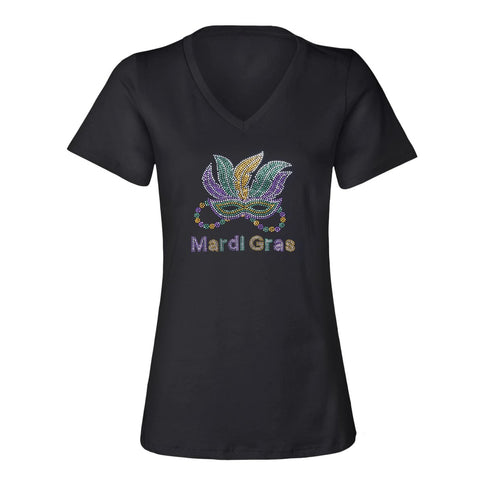 Ladies Gold Fleur De Les and Mask Rhinestone V - Neck Tee - shirt - Mardi Gras Apparel - 100% Cotton, Adult, Black - Rhinestone Tee - Shirt