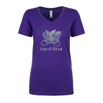 Ladies Gold Fleur De Les and Mask Rhinestone V - Neck Tee - shirt - Mardi Gras Apparel - 100% Cotton, Adult, Black - Rhinestone Tee - Shirt