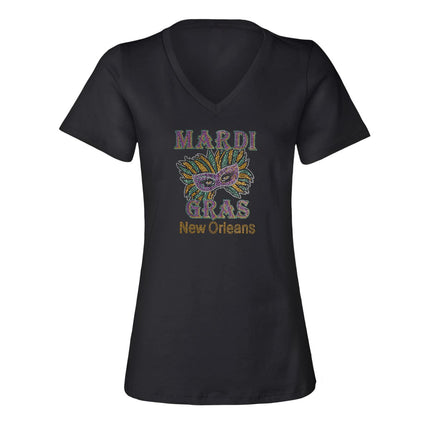 Ladies Mardi Gras and Mask Rhinestone V - Neck - Mardi Gras Apparel - 100% Cotton, Adult, Black - Rhinestone Tee - Shirt