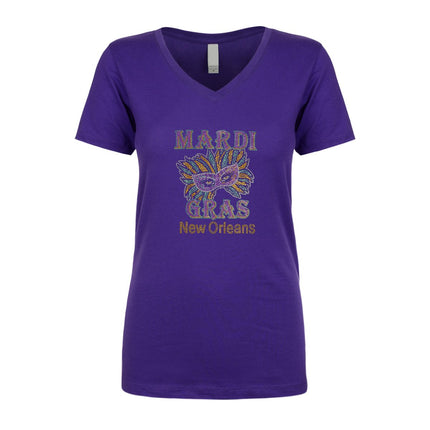 Ladies Mardi Gras and Mask Rhinestone V - Neck - Mardi Gras Apparel - 100% Cotton, Adult, Black - Rhinestone Tee - Shirt
