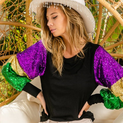 Ladies Mardi Gras Color Block Sequins Sleeve Black Knit Top - Mardi Gras Apparel - Adult, Black, Gold - 