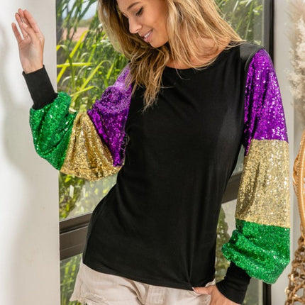 Ladies Mardi Gras Color Block Sequins Sleeve Black Knit Top - Mardi Gras Apparel - Adult, Black, Gold - 