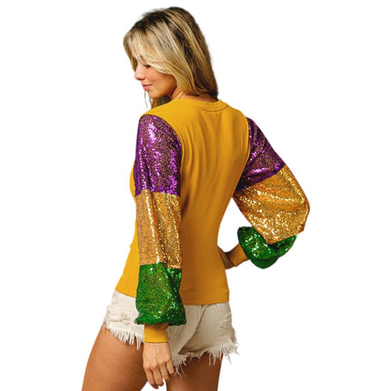 Ladies Mardi Gras Color Block Sequins Sleeve Gold Knit Top - Mardi Gras Apparel - Adult, Gold, Green - 