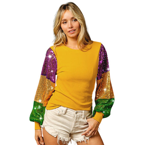 Ladies Mardi Gras Color Block Sequins Sleeve Gold Knit Top - Mardi Gras Apparel - Adult, Gold, Green - 
