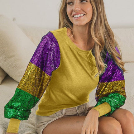 Ladies Mardi Gras Color Block Sequins Sleeve Gold Knit Top - Mardi Gras Apparel - Adult, Gold, Green - 
