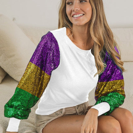 Ladies Mardi Gras Color Block Sequins Sleeve White Knit Top - Mardi Gras Apparel - Adult, Gold, Green - 